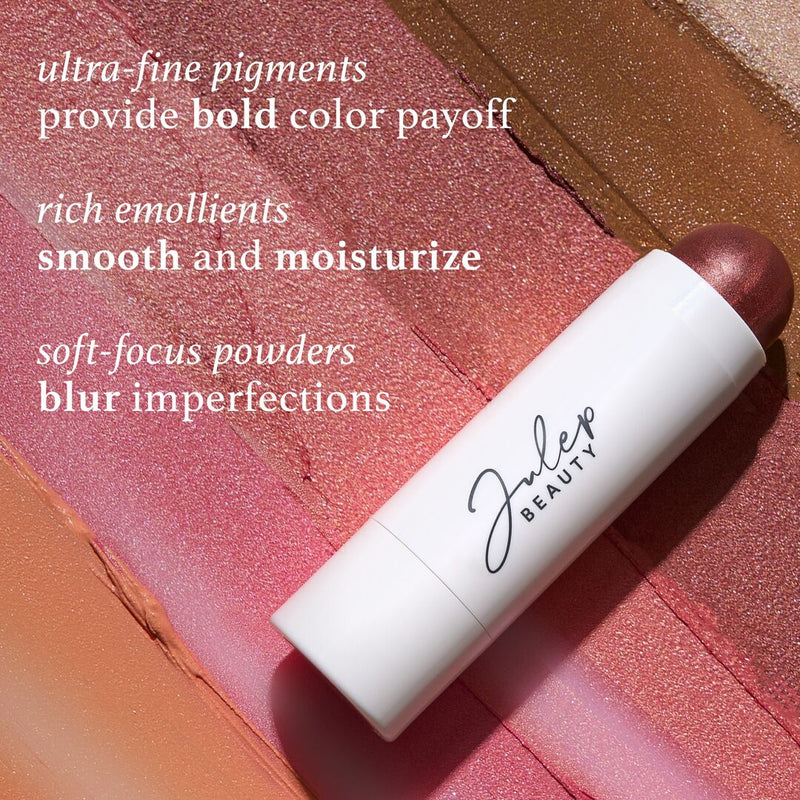 Julep Skip the Brush  2-in-1 Color Stick for Cheeks and Lips has ultra fine pigments to provide bold color payoff, rich emollients to smooth and moisturize, and soft focus powders to blur imperfections 