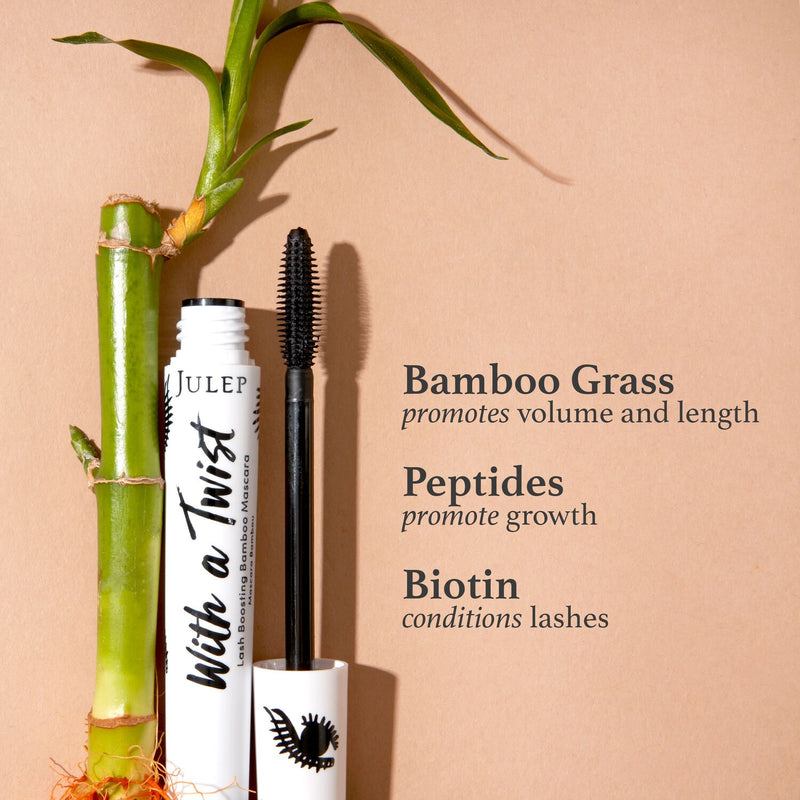 Julep With A Twist Lash Boosting Bamboo Mascara contains bamboo grass to promote volume and length, peptides to promote growth, and biotin conditions lashes