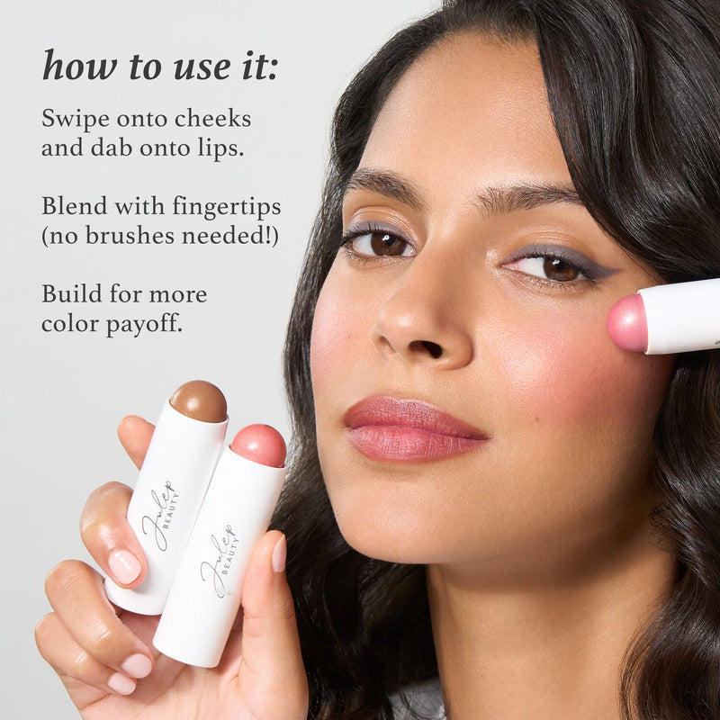 How to use Julep Skip the Brush  2-in-1 Color Stick for Cheeks and Lips. First swipe onto cheeks and dab onto lips. Next blend with fingertips - no brushes needed! Finally build for more color payoff